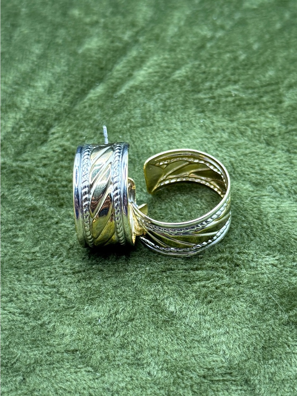 Gold and Silver Two-Tone Textured Wide Hoop Earrings